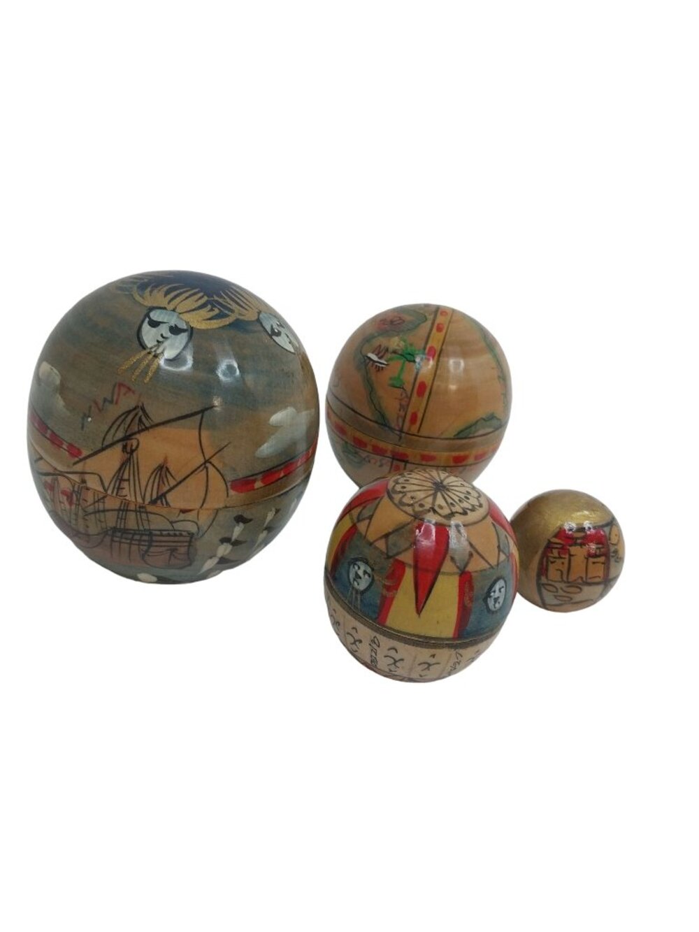 Matryoshka Wooden Nesting Balls Hand Painted Set of 4 Nautical Tall Ships NEW